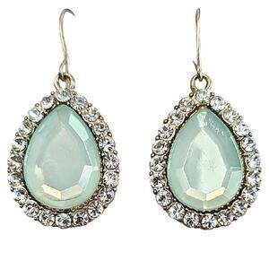 Elegant Silvertone Teardrop Earrings w/Seafoam Green Stone Trimmed with Crystals